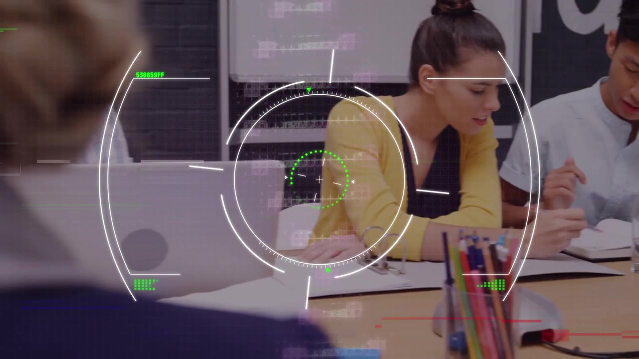 Animation of scope scanning and dna strand over diverse business people having meeting