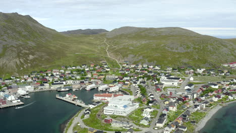 orbiting shoot of norway - honningsvag city from sea side