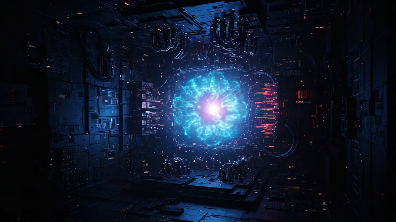 Stunning Visualization of a High-Tech Energy Core in a Futuristic Digital Environment with Pulsating Blue Light and Intricate Circuitry, Creating an Enigmatic Focus Point