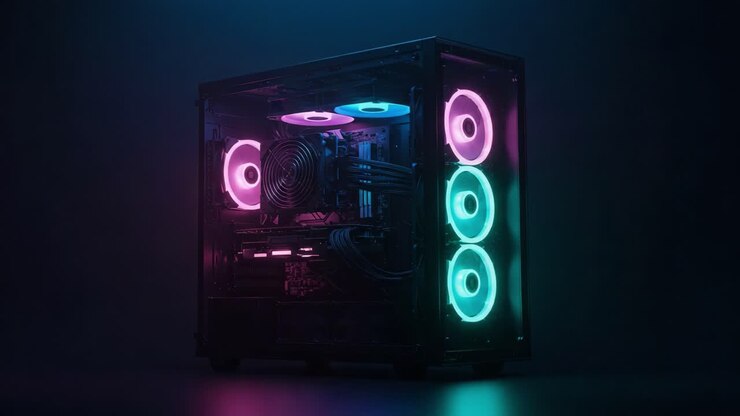 A Stunning Display of Modern Technology: A Custom Gaming PC with RGB Lighting Features and a Sleek Design in a Dark Atmospheric Setting