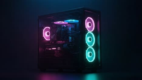 a stunning display of modern technology: a custom gaming pc with rgb lighting features and a sleek design in a dark atmospheric setting