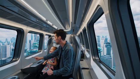 family exploring a futuristic flying train
