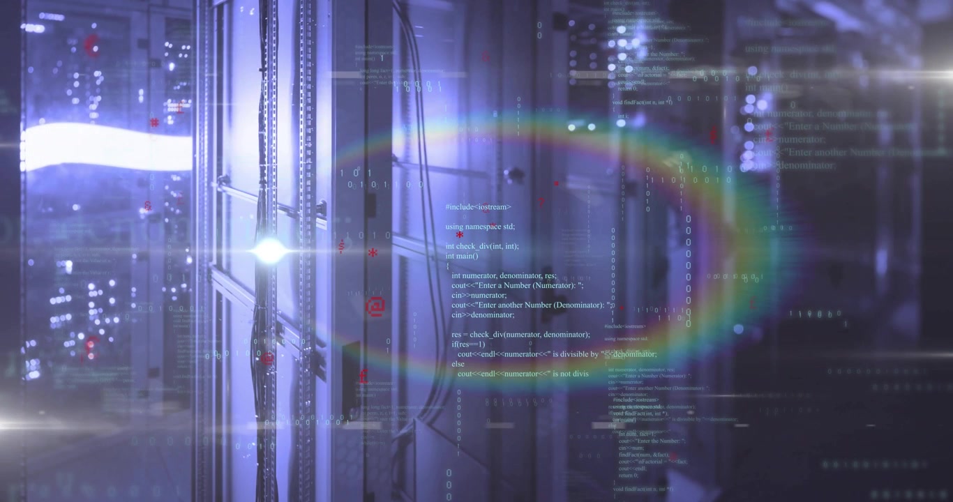 Static server rack starting code overlay growing rainbow halo shifting flare showing data flow