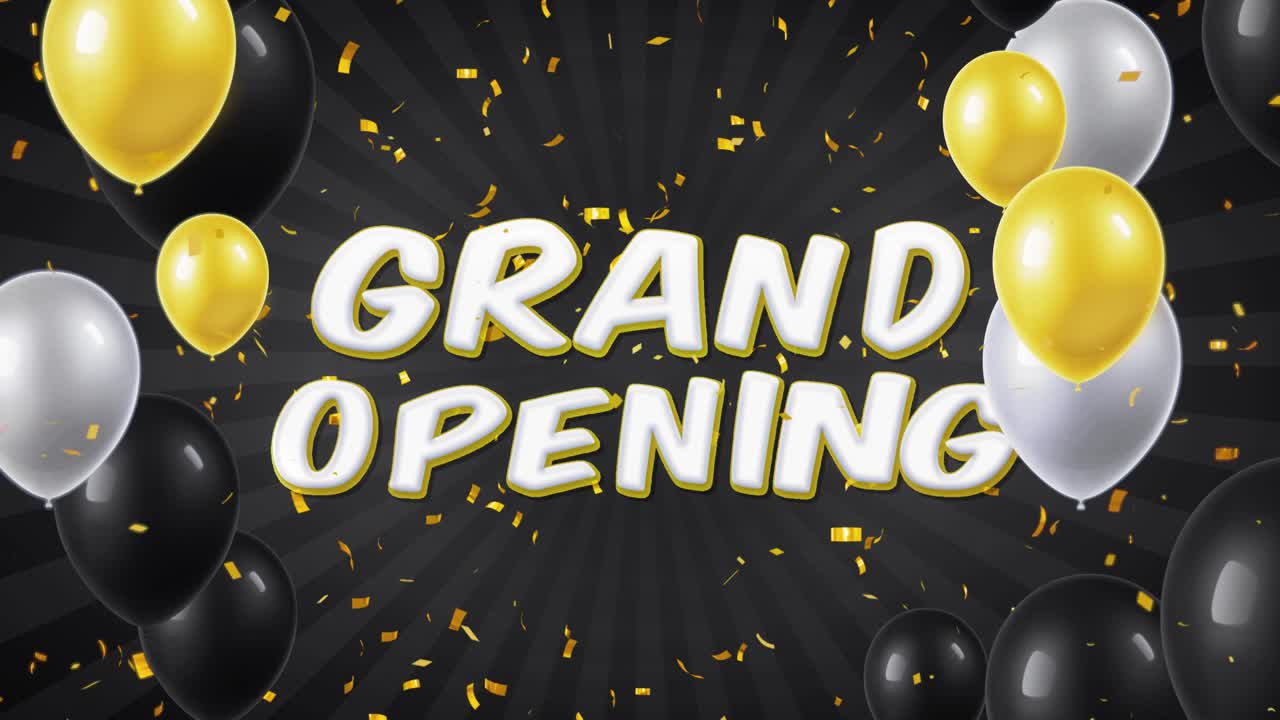 Grand Opening Banner with Balloons and Confetti