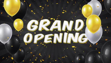 grand opening banner with balloons and confetti
