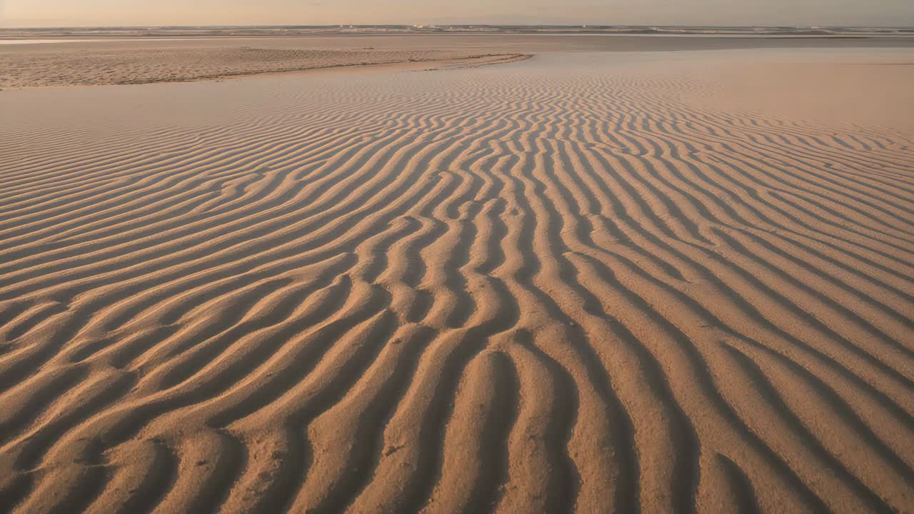 Allontanando la camera si rivela un'ampia piana di marea verso un banco di sabbia curvo, evidenziando il letto di sabbia increspato