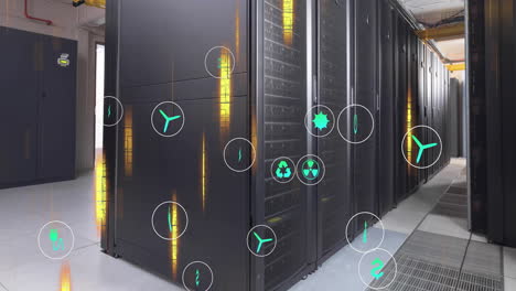 animación de iconos de ecología y procesamiento de datos en la sala del servidor