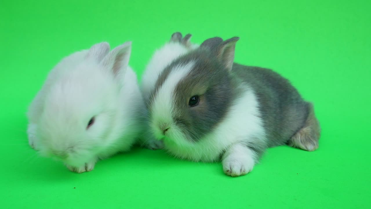 Two baby cute rabbit or new born adorable bunny on green  background.Rabbit on green screen.