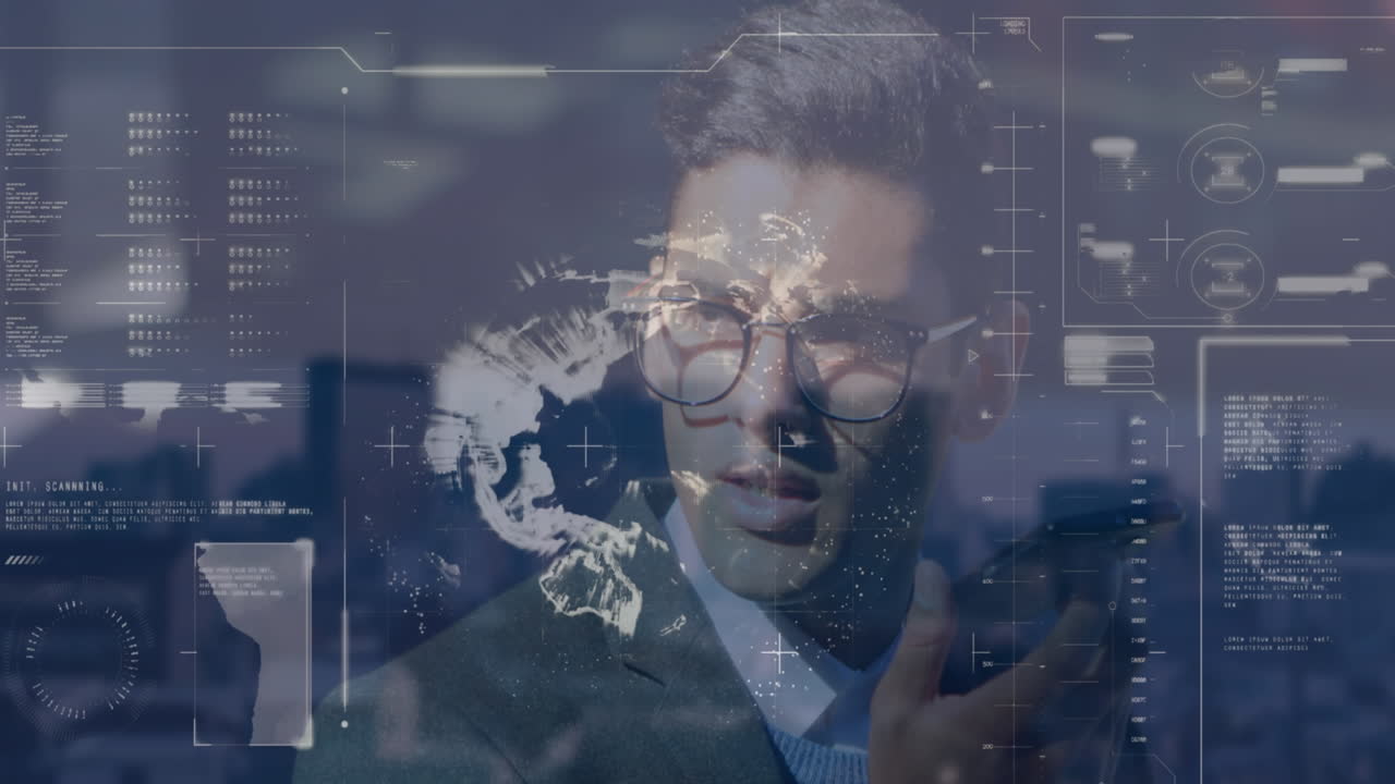 Animation of interface with data processing over biracial businessman talking on smartphone