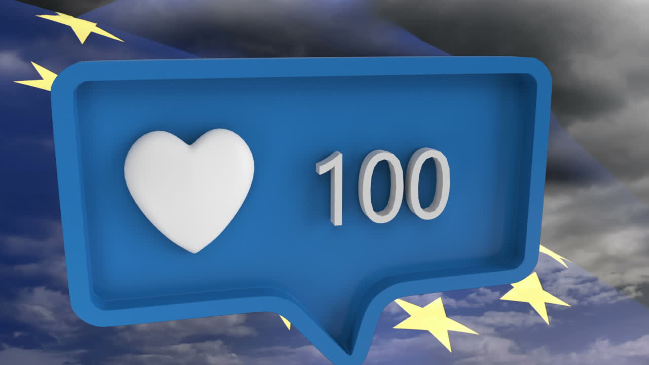 анимация иконки сердца с цифрами на речевом пузыре с флагом европейского союза
