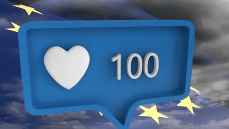 animation of heart icon with numbers on speech bubble with european union flag