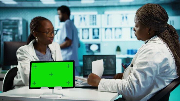African american doctor conducting a consultation in office with chroma key