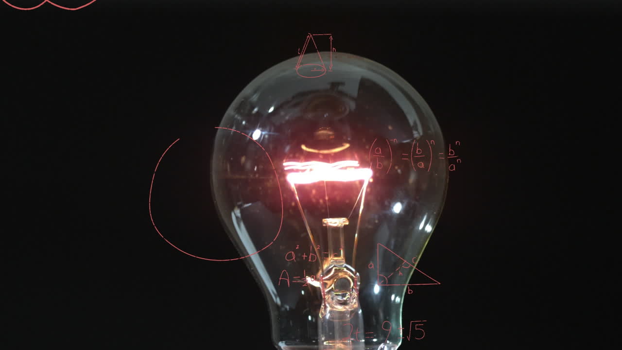 Animation of lit electric bulb and mathematical equations floating against black background