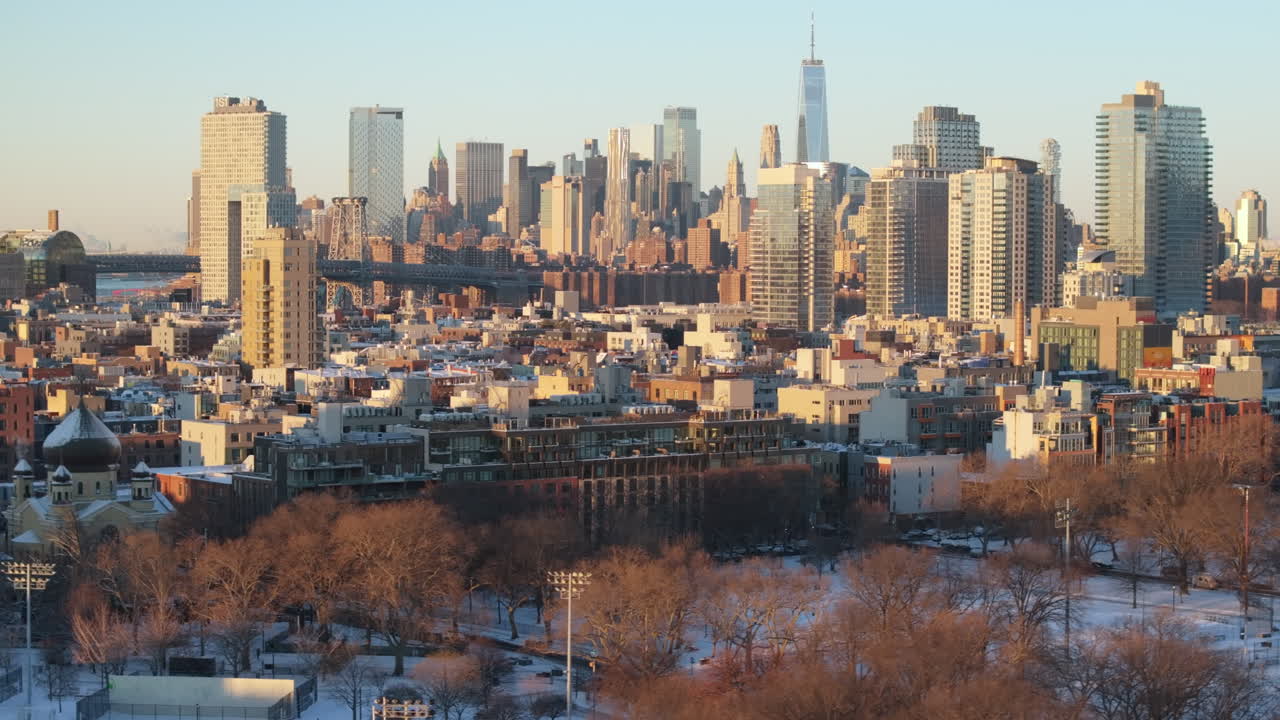 Aerial view of New York City on a winter morning. Shot in Brooklyn