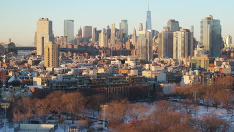 aerial view of new york city on a winter morning. shot in brooklyn