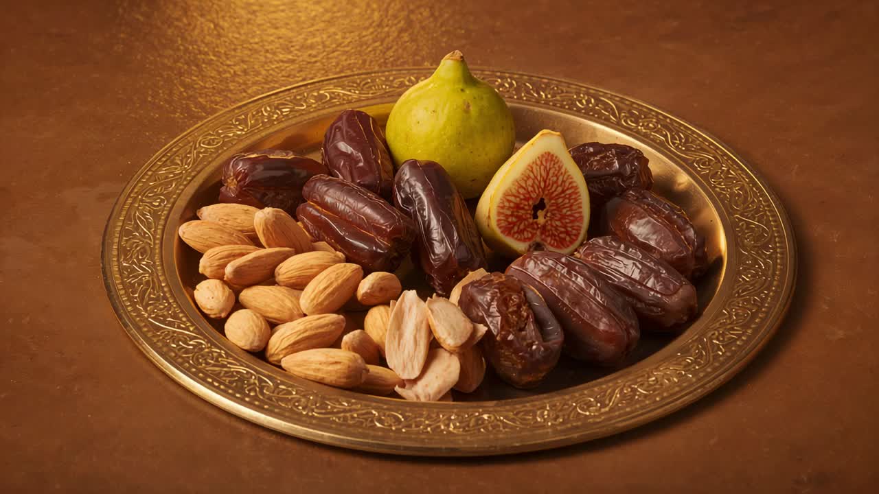 Camera capturing light shifts after motion, framing brass tray on wood table with dates almonds fig