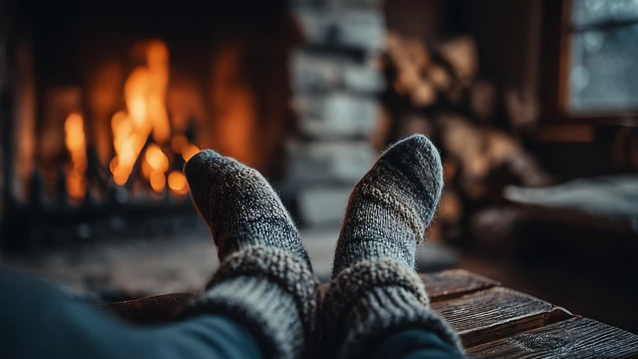 Cozy Moments by the Fireplace: A Pair of Warm Socks Resting Comfortably Near a Burning Hearth in a Rustic, Inviting Setting