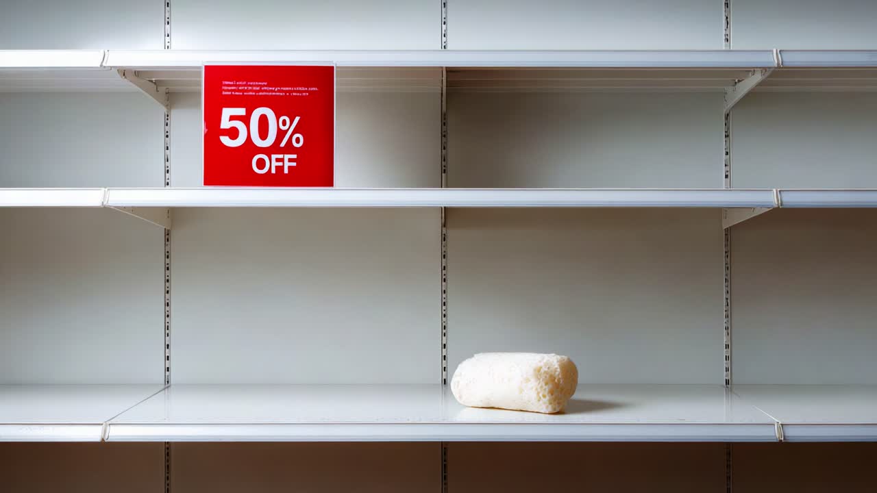 A View of Bare Retail Shelves with a Sign Displaying 50% Off Discount Alongside a Single Item, Showcasing Consumer Shopping Dynamics and Inventory Status in a Store Environment