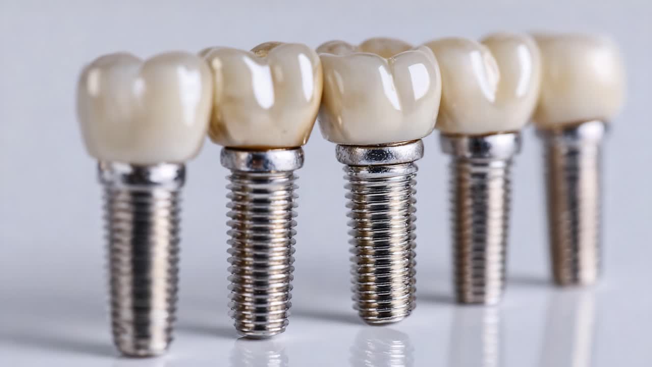 Detailed Close-Up of Dental Implants Showcasing Alternating Metallic and Ceramic Features for Better Understanding of Dental Restoration Solutions