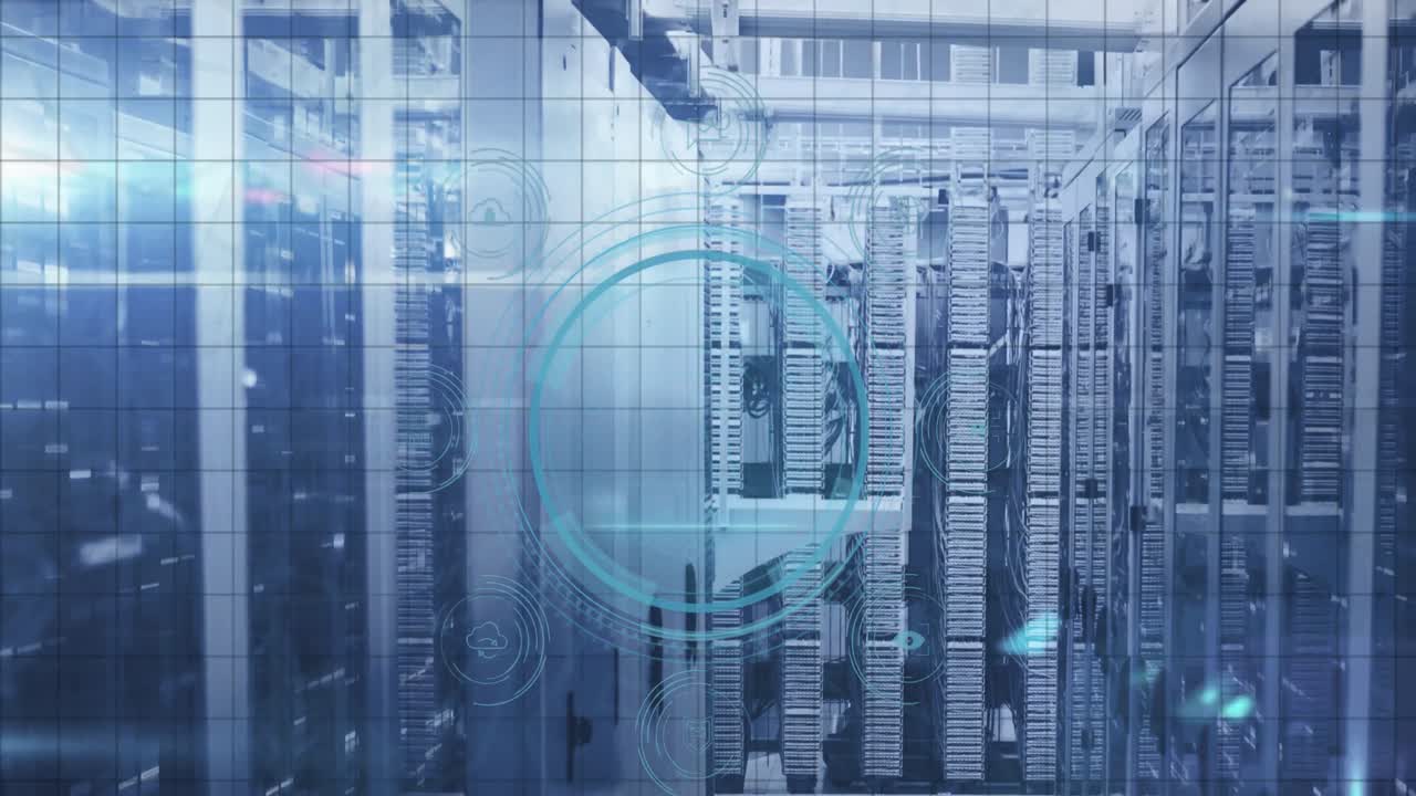 Animation of fingerprint, icons and data security text in circle, data server systems in server room