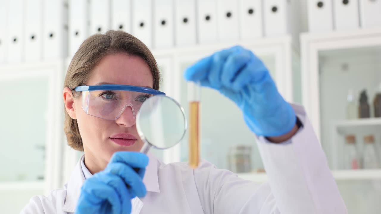 Scientist examining test tube with magnifying glass in lab