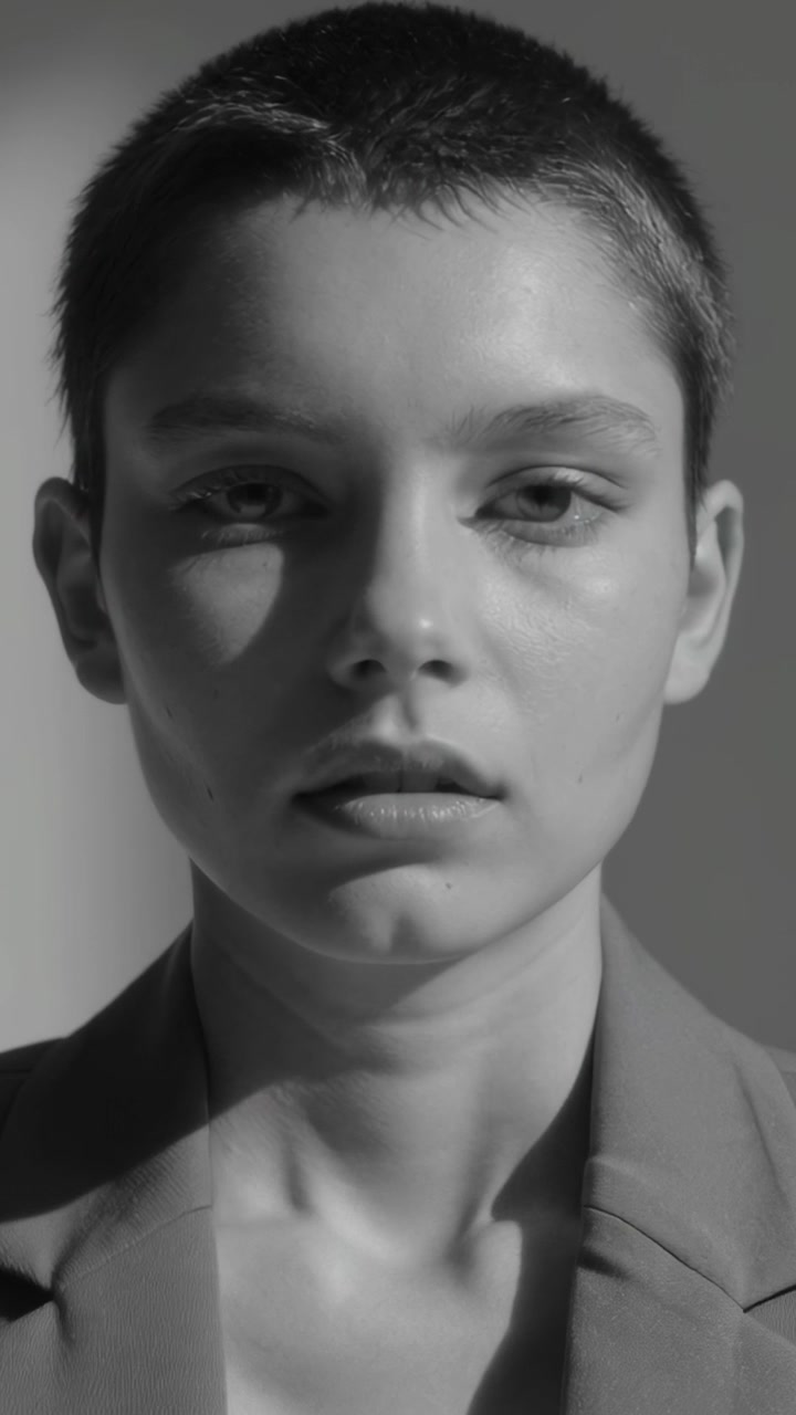 Vídeo vertical: Câmera filmando modelo mostrando mudanças faciais para retrato, de blazer sob luz lateral