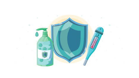 shield with antibacterial soap bottle and thermometer