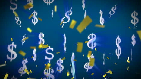 animation of confetti and american dollar symbols falling on blue background