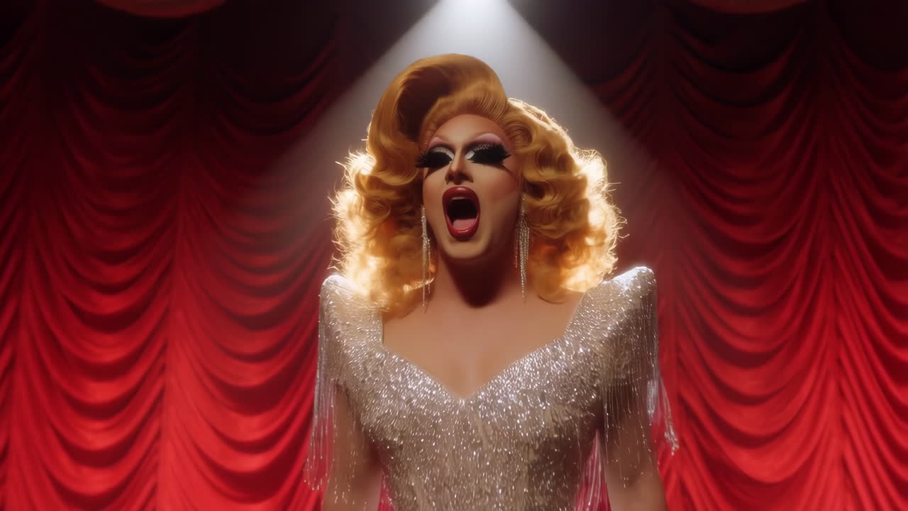 Drag Queen Performing on Stage under a Spotlight