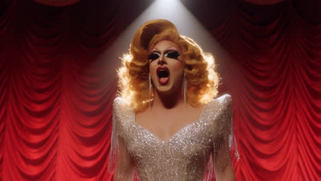 drag queen performing on stage under a spotlight