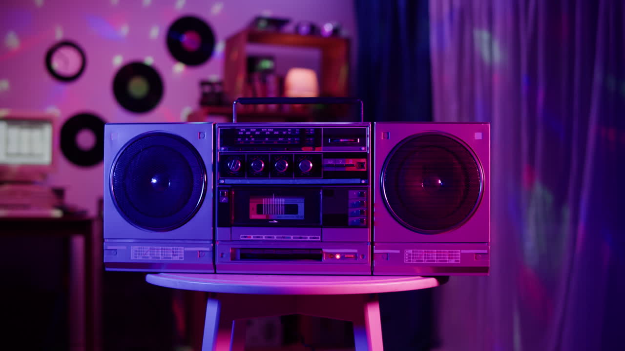 Boombox retrò in una stanza illuminata al neon