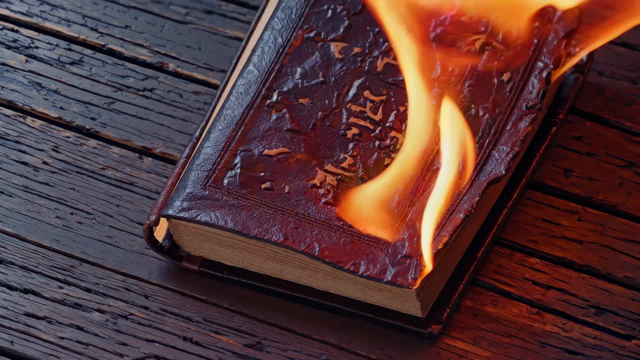Video ravvicinato di un libro che brucia su una superficie di legno, ripreso da un’angolazione elevata, che mette in risalto le fiamme