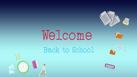 animation of welcome to school text banner and school concept icons against blue gradient background