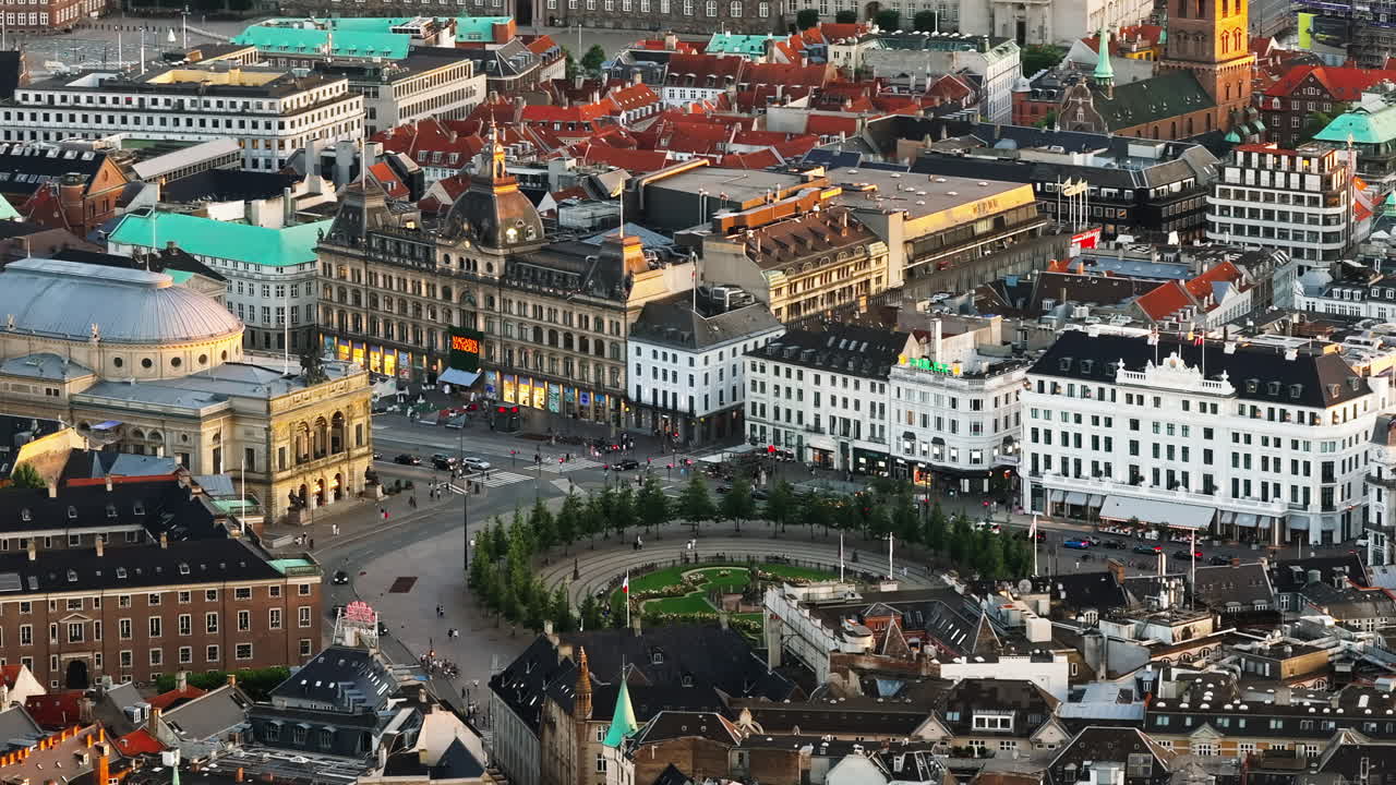 Aerial drone view of the Kongens Nytorv public square in Copenhagen, Denmark
