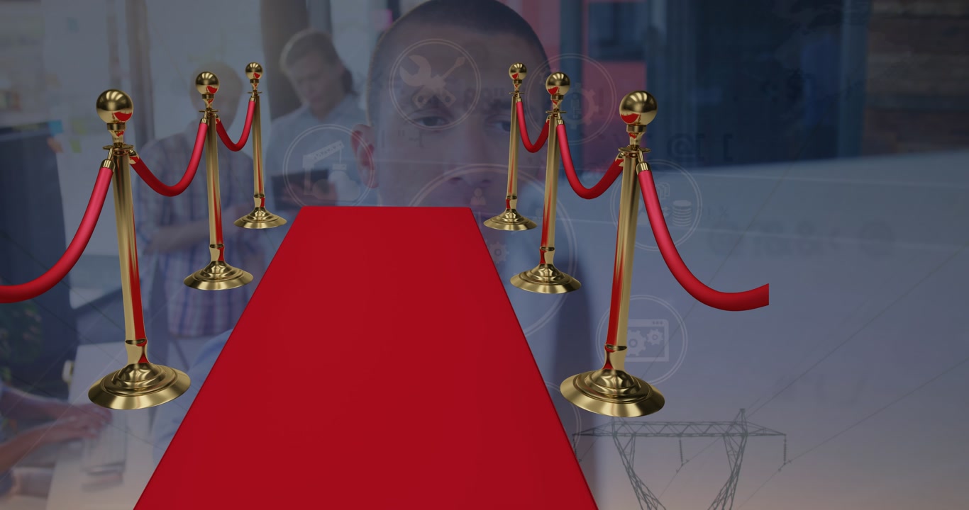 Animation af rød løber og databehandling over en forretningsmand på kontor og elmaster.