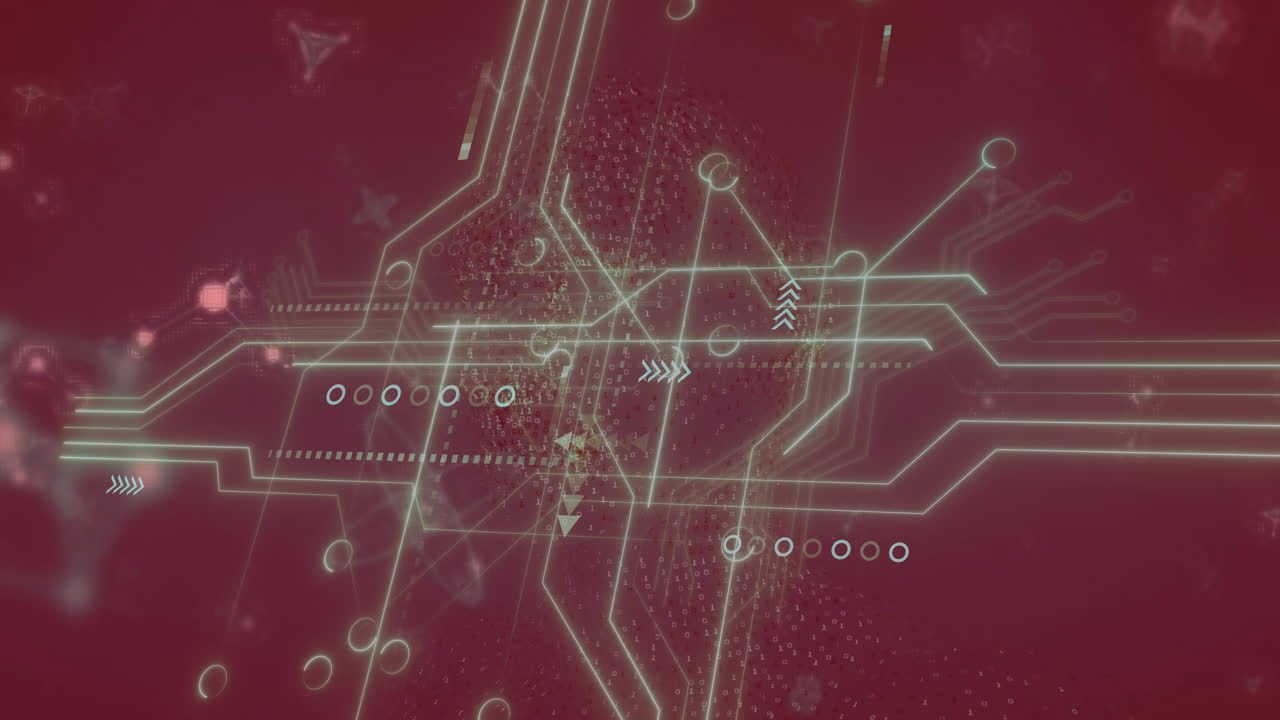 Animation of white shapes moving and molecules on red background