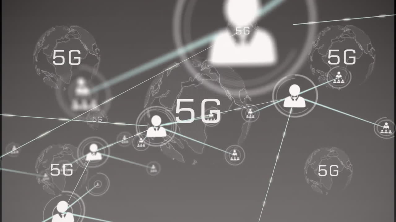 animación de personas conectadas iconos y globos con texto 5g en fondo negro