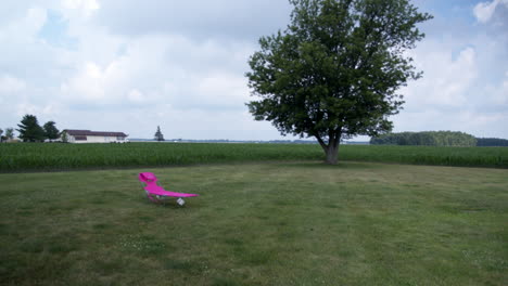 silla de césped rosa en un campo amplio con árboles grandes y tierras de cultivo