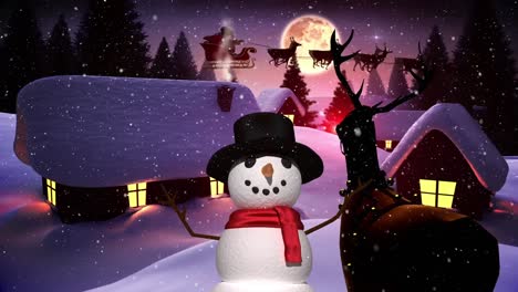 Animation-of-snowman-and-santa-claus-in-sleigh-with-reindeer-over-winter-landscape