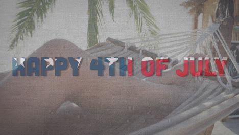 animation of happy 4th of july text with american flag pattern waving over woman in hammock on beach