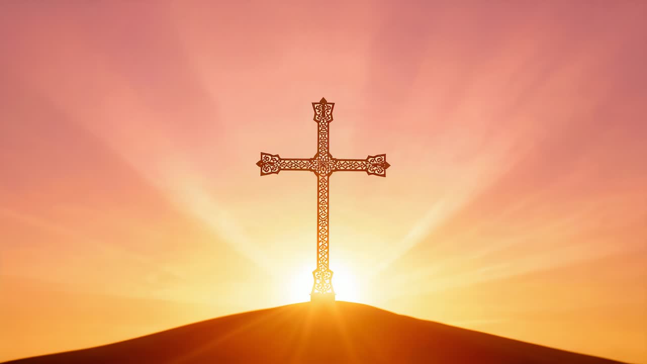 Moving rising sun casting halo behind ornate metal cross on mound at dawn, showing lattice
