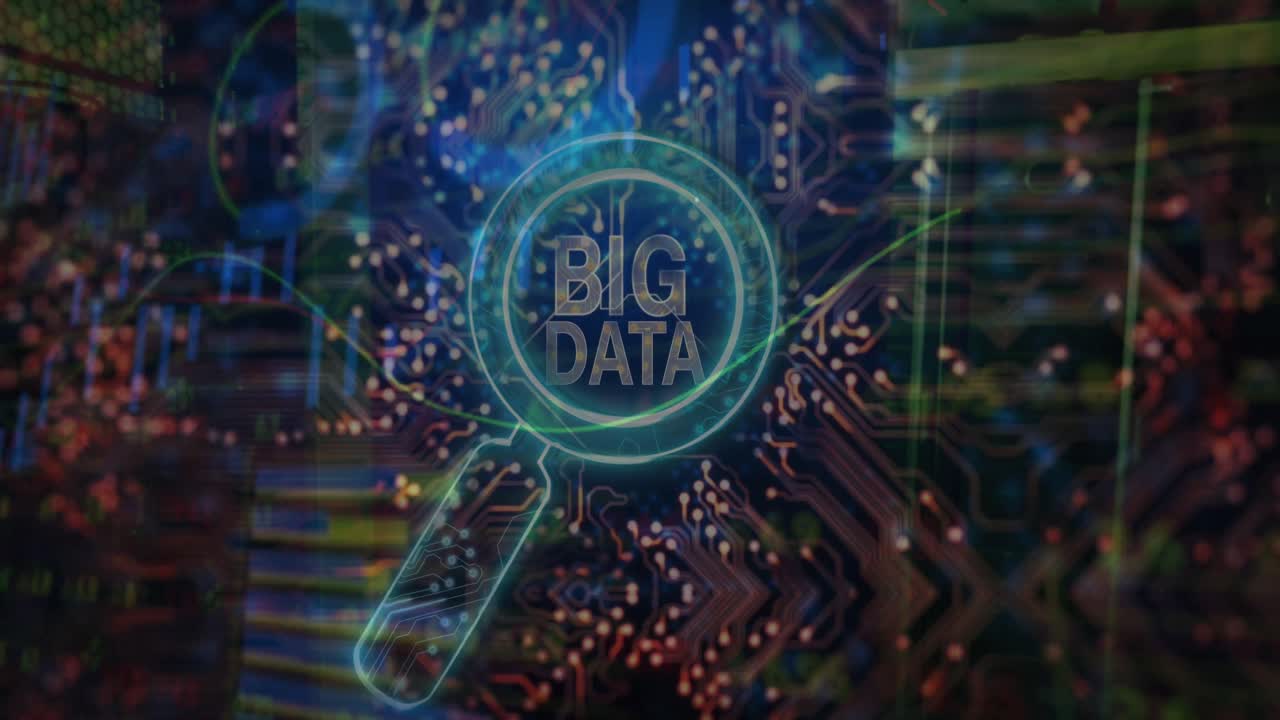 Animation of big data text over reading glass and server room