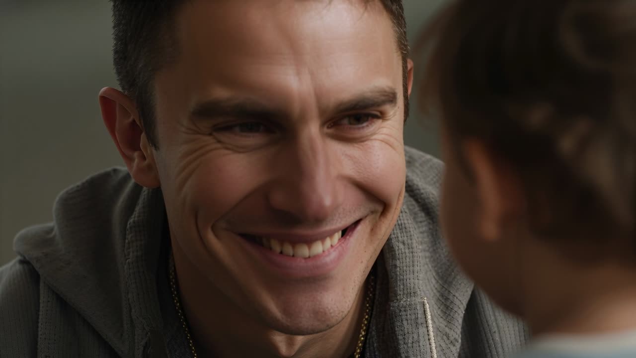 Pai sorrindo usando moletom cinza, com um sorriso largo, interagindo com a criança pequena de blusa azul clara de frente para ele em casa