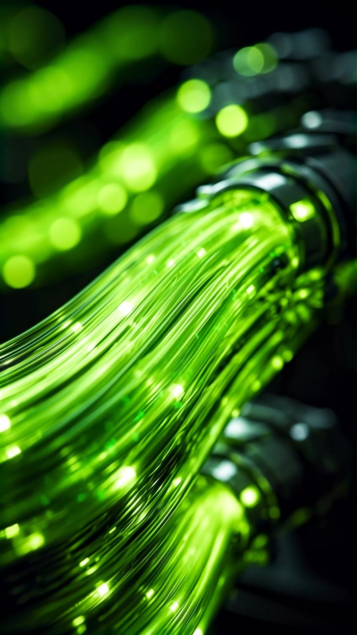 Primo piano macro obliquo di fasci di cavi in fibra ottica traslucidi che si curvano diagonalmente su uno sfondo scuro con connettore metallico visibile, luce interna verde brillante, riflessi riflettenti, poco profondo