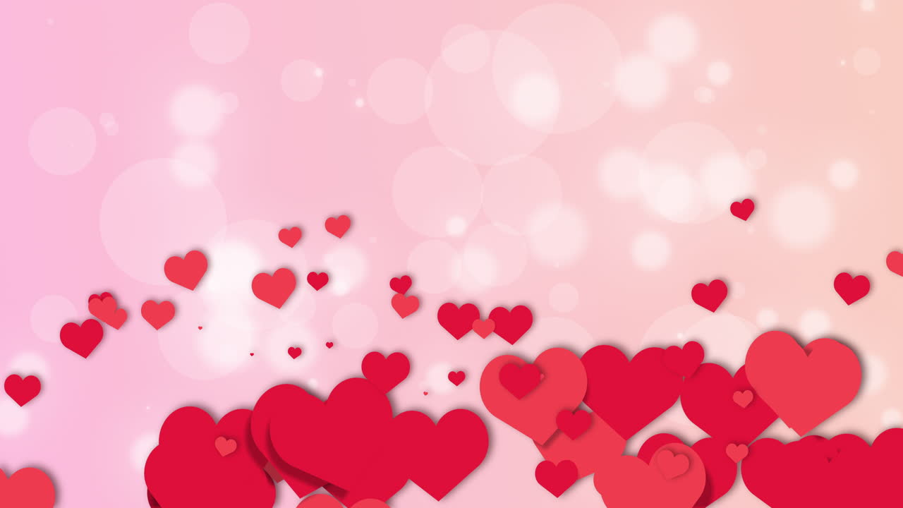 Soft blurred pink background with bokeh and animation of love symbol hearts. Happy valentines day and weeding design elements.