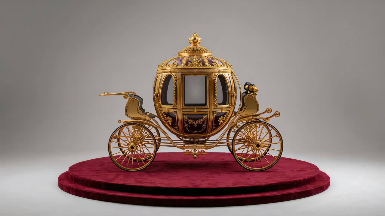 Starting rotation, ornate gold coach rotating on burgundy velvet platform, showcasing details