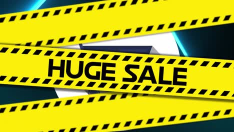 animation of huge sale text on yellow hazard tape, with green smoke and shopping cart on black