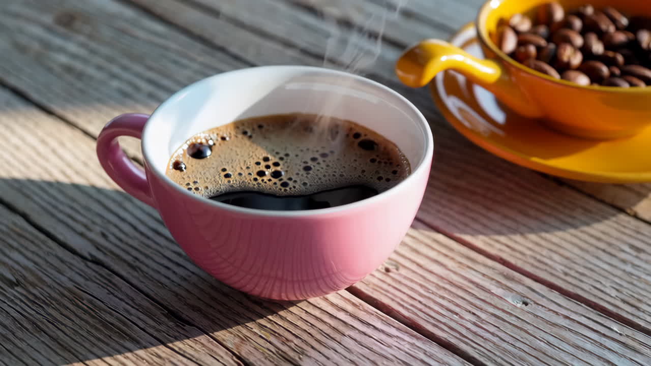 熱咖啡在木製桌子上