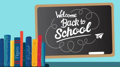 Animation-of-back-to-school-text-on-blackboard-and-school-items-icons-on-blue-background