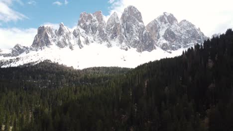 Snowy-peaks-tower-over-dense,-evergreen-forest-under-a-clear-sky